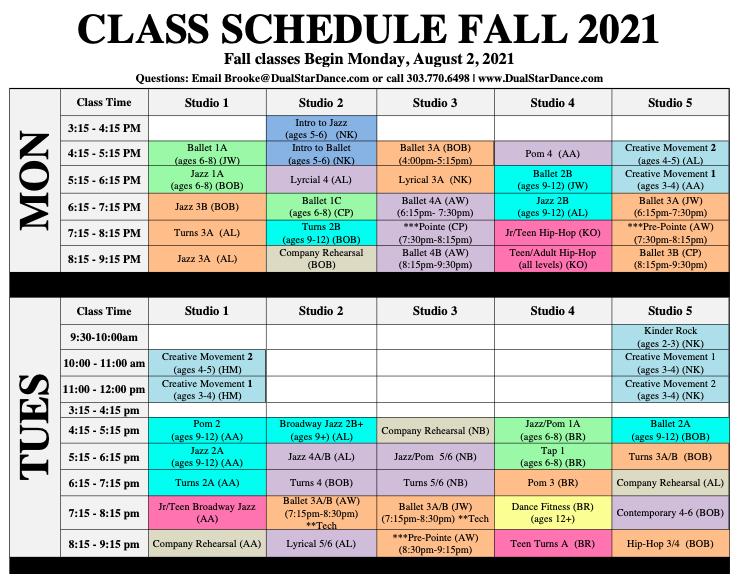 2021-2022 Class Schedule