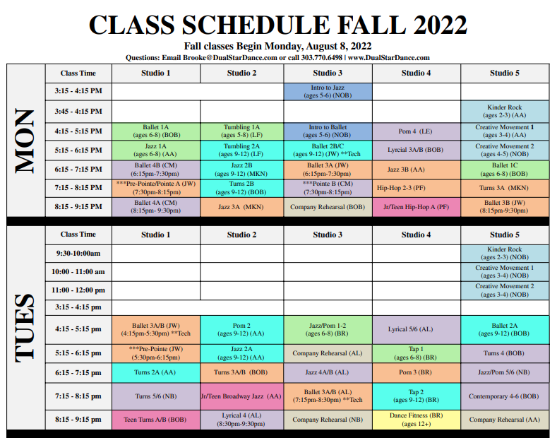 Class Schedule Fall 2022-2023